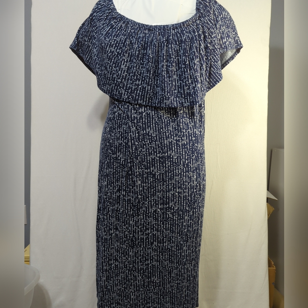 Lane‎ Bryant Women's Size 14/16 Blue And White Knit Off The Shoulder Dress 594